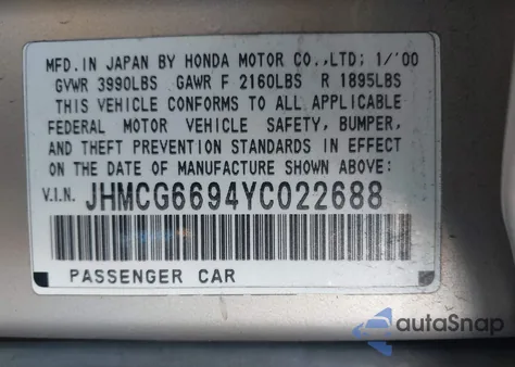 2000 Honda Accord 2.3 Se from USA, damaged, VIN JHMCG6694YC022688